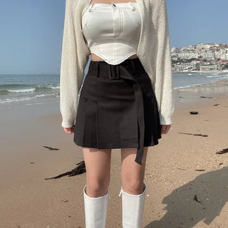 Belted Pleated Mini Skorts Shorts Skirt Cargo