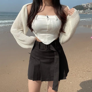 Belted Pleated Mini Skorts Shorts Skirt Cargo