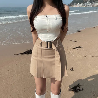 Belted Pleated Mini Skorts Shorts Skirt Cargo