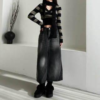 Striped V-neck muffler knitwear knit cropped set