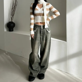 Striped V-neck muffler knitwear knit cropped set