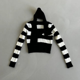 Striped V-neck muffler knitwear knit cropped set