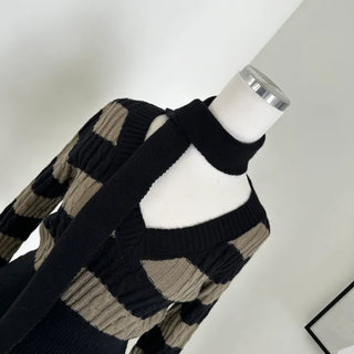 Striped V-neck muffler knitwear knit cropped set