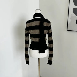 Striped V-neck muffler knitwear knit cropped set