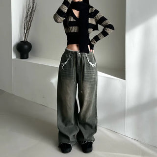 Striped V-neck muffler knitwear knit cropped set