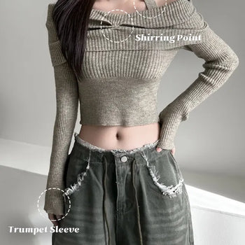Shirring Cropped Halterneck Off-Shoulder Delicate Fit Knit