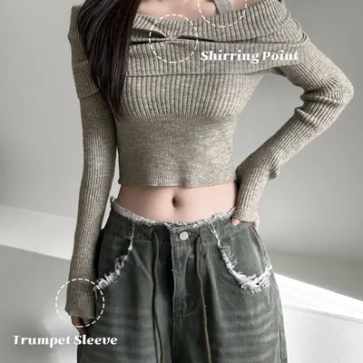 Shirring Cropped Halterneck Off-Shoulder Delicate Fit Knit