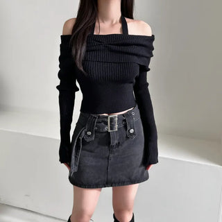 Shirring Cropped Halterneck Off-Shoulder Delicate Fit Knit
