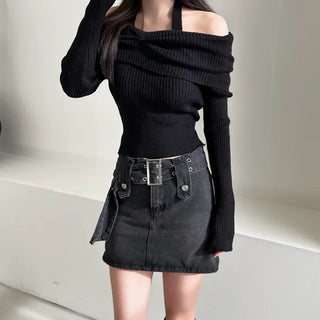 Shirring Cropped Halterneck Off-Shoulder Delicate Fit Knit
