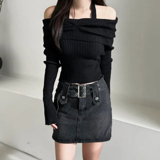 Shirring Cropped Halterneck Off-Shoulder Delicate Fit Knit