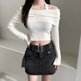 Shirring Cropped Halterneck Off-Shoulder Delicate Fit Knit