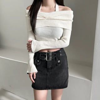 Shirring Cropped Halterneck Off-Shoulder Delicate Fit Knit