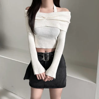 Shirring Cropped Halterneck Off-Shoulder Delicate Fit Knit