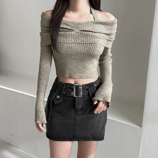 Shirring Cropped Halterneck Off-Shoulder Delicate Fit Knit