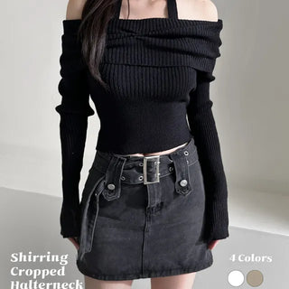 Shirring Cropped Halterneck Off-Shoulder Delicate Fit Knit