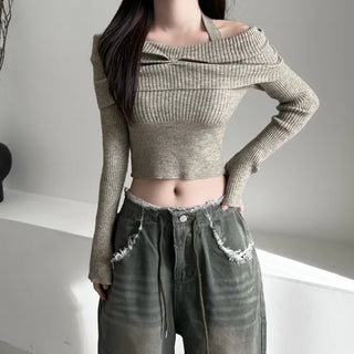 Shirring Cropped Halterneck Off-Shoulder Delicate Fit Knit