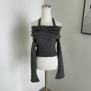 Shirring Cropped Halterneck Off-Shoulder Delicate Fit Knit