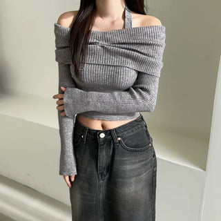 Shirring Cropped Halterneck Off-Shoulder Delicate Fit Knit