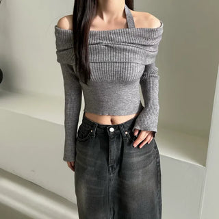 Shirring Cropped Halterneck Off-Shoulder Delicate Fit Knit