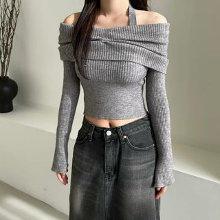 Shirring Cropped Halterneck Off-Shoulder Delicate Fit Knit