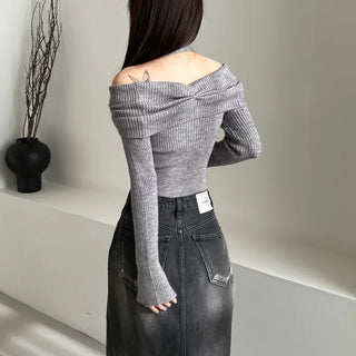 Shirring Cropped Halterneck Off-Shoulder Delicate Fit Knit