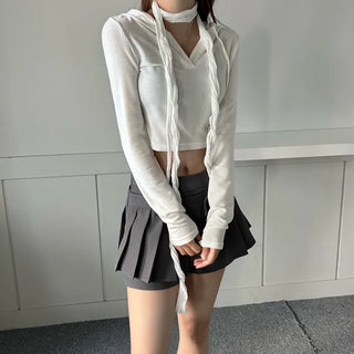 Long-sleeved cropped hoodie Daily slim layered tee inner