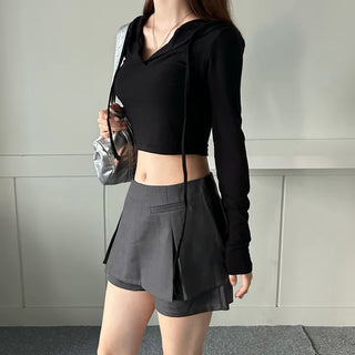 Long-sleeved cropped hoodie Daily slim layered tee inner