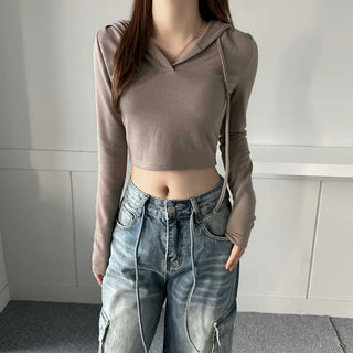 Long-sleeved cropped hoodie Daily slim layered tee inner