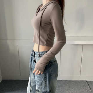 Long-sleeved cropped hoodie Daily slim layered tee inner