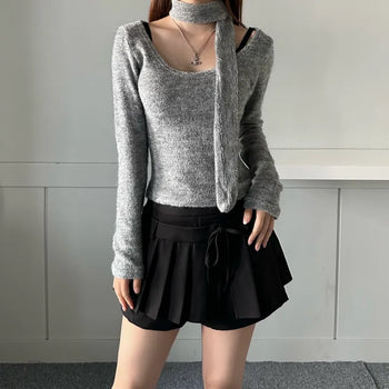 Soft muffler U-neck Long-sleeved set fleece-lined t-shirt
