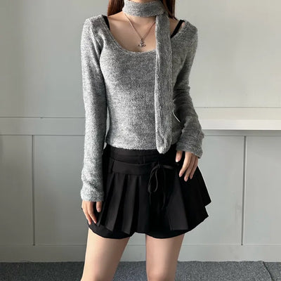 Soft muffler U-neck Long-sleeved set fleece-lined t-shirt