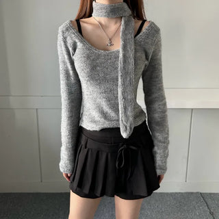 Soft muffler U-neck Long-sleeved set fleece-lined t-shirt
