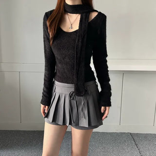 Soft muffler U-neck Long-sleeved set fleece-lined t-shirt
