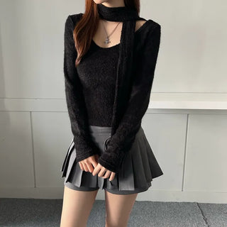 Soft muffler U-neck Long-sleeved set fleece-lined t-shirt
