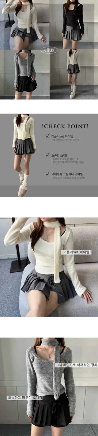 Soft muffler U-neck Long-sleeved set fleece-lined t-shirt