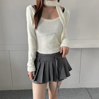 Soft muffler U-neck Long-sleeved set fleece-lined t-shirt