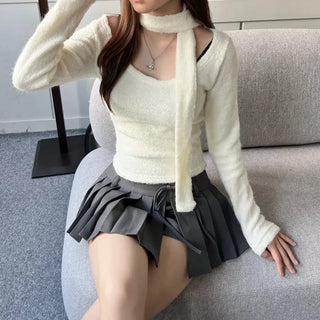 Soft muffler U-neck Long-sleeved set fleece-lined t-shirt