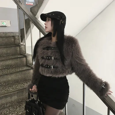 Bear Buckle Cropped Fur Jacket 4oz Quilted Winter