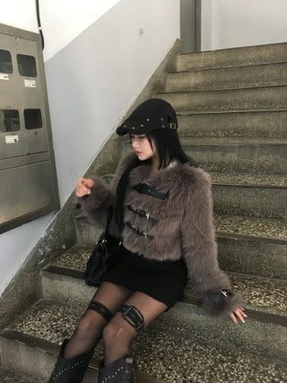 Bear Buckle Cropped Fur Jacket 4oz Quilted Winter