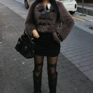 Bear Buckle Cropped Fur Jacket 4oz Quilted Winter