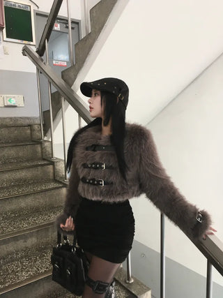 Bear Buckle Cropped Fur Jacket 4oz Quilted Winter