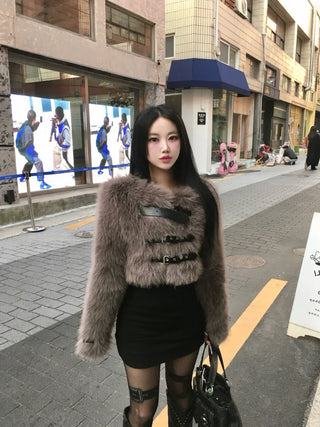 Bear Buckle Cropped Fur Jacket 4oz Quilted Winter