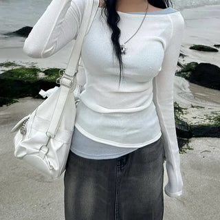 Pintuck Layered Long Sleeve T-shirt Basic Tee Off-shoulder