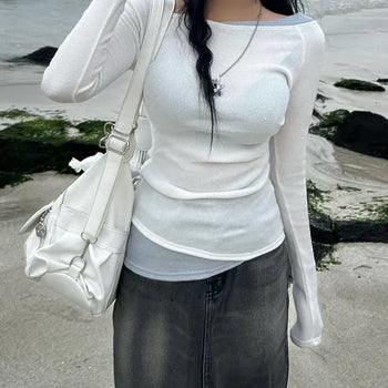 Pintuck Layered Long Sleeve T-shirt Basic Tee Off-shoulder