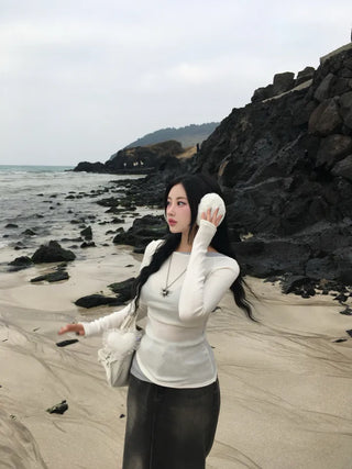 Pintuck Layered Long Sleeve T-shirt Basic Tee Off-shoulder