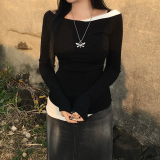 Pintuck Layered Long Sleeve T-shirt Basic Tee Off-shoulder