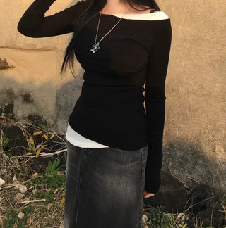 Pintuck Layered Long Sleeve T-shirt Basic Tee Off-shoulder
