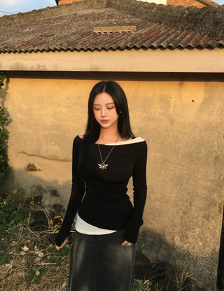 Pintuck Layered Long Sleeve T-shirt Basic Tee Off-shoulder