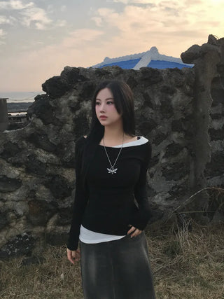 Pintuck Layered Long Sleeve T-shirt Basic Tee Off-shoulder