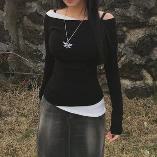 Pintuck Layered Long Sleeve T-shirt Basic Tee Off-shoulder